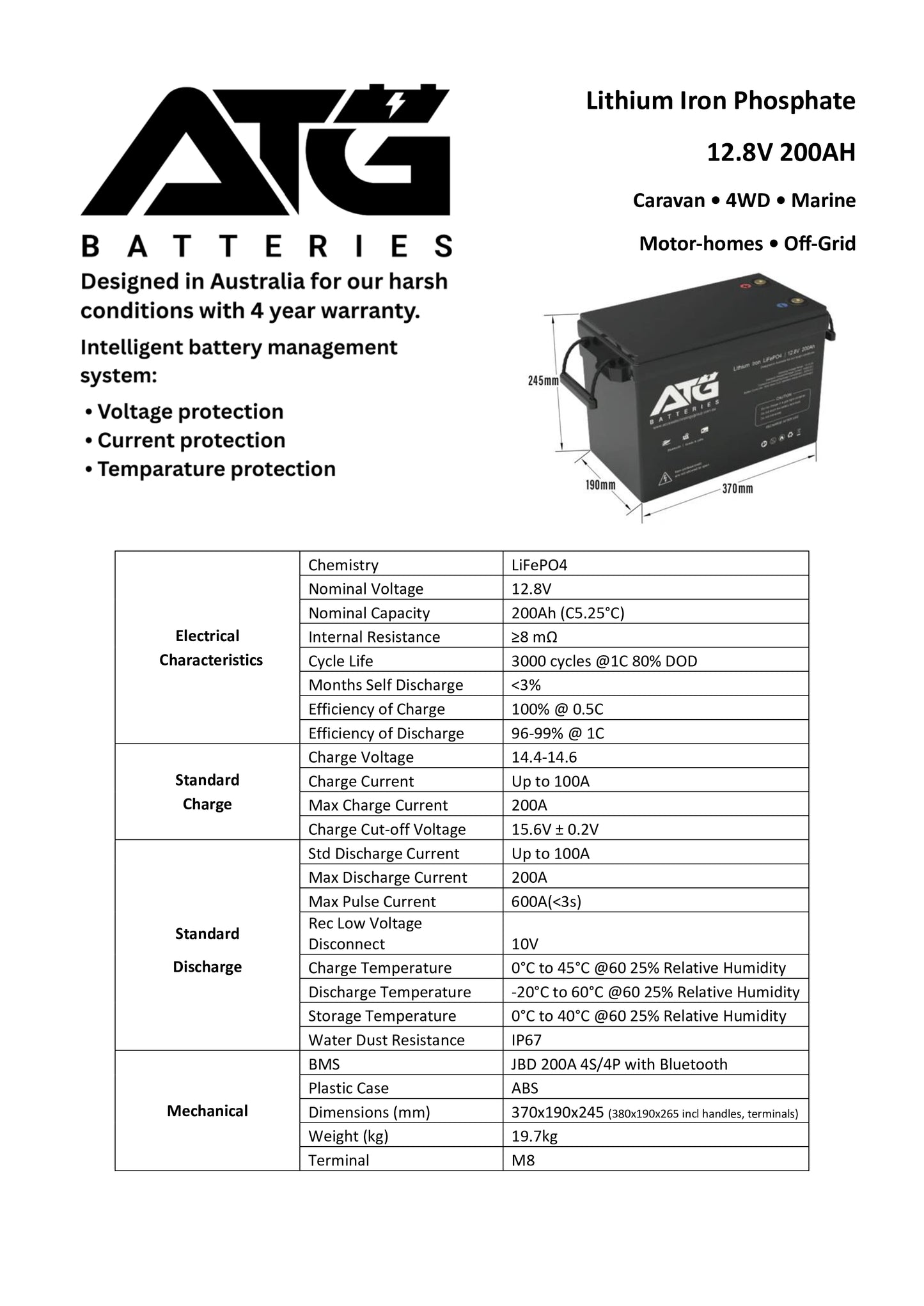 ATG 12V 200AH LifePo4 Lithium Battery, with Bluetooth (Trade)