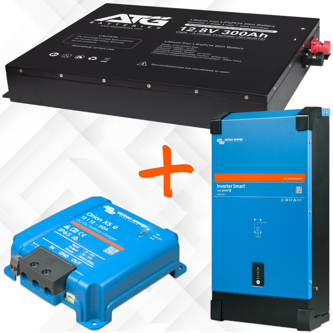 ATG 12V 300AH Slim Lithium Battery, Victron 50A DC-DC charger & Victron 12/3000 Inverter.