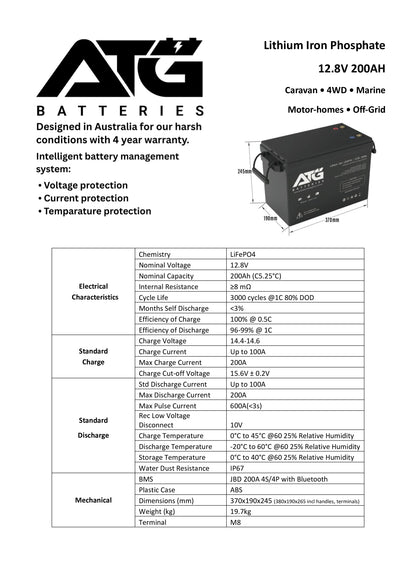ATG 12V 200AH LifePo4 Lithium Battery, with Bluetooth (Trade)